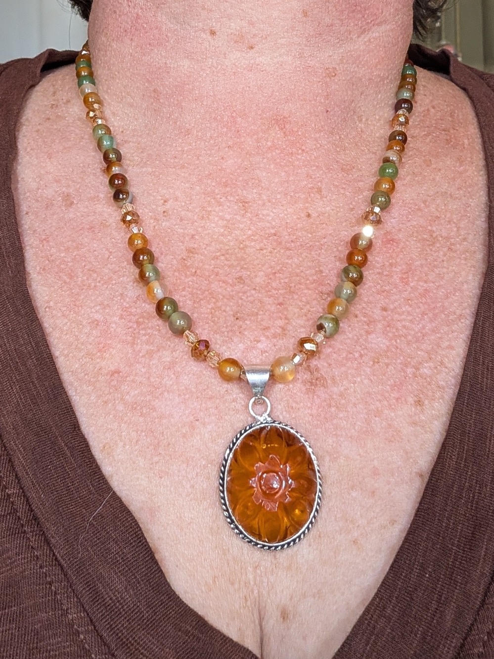 Handmade Amber Floral Pendant Necklace - Multicolor Beaded - Unbranded